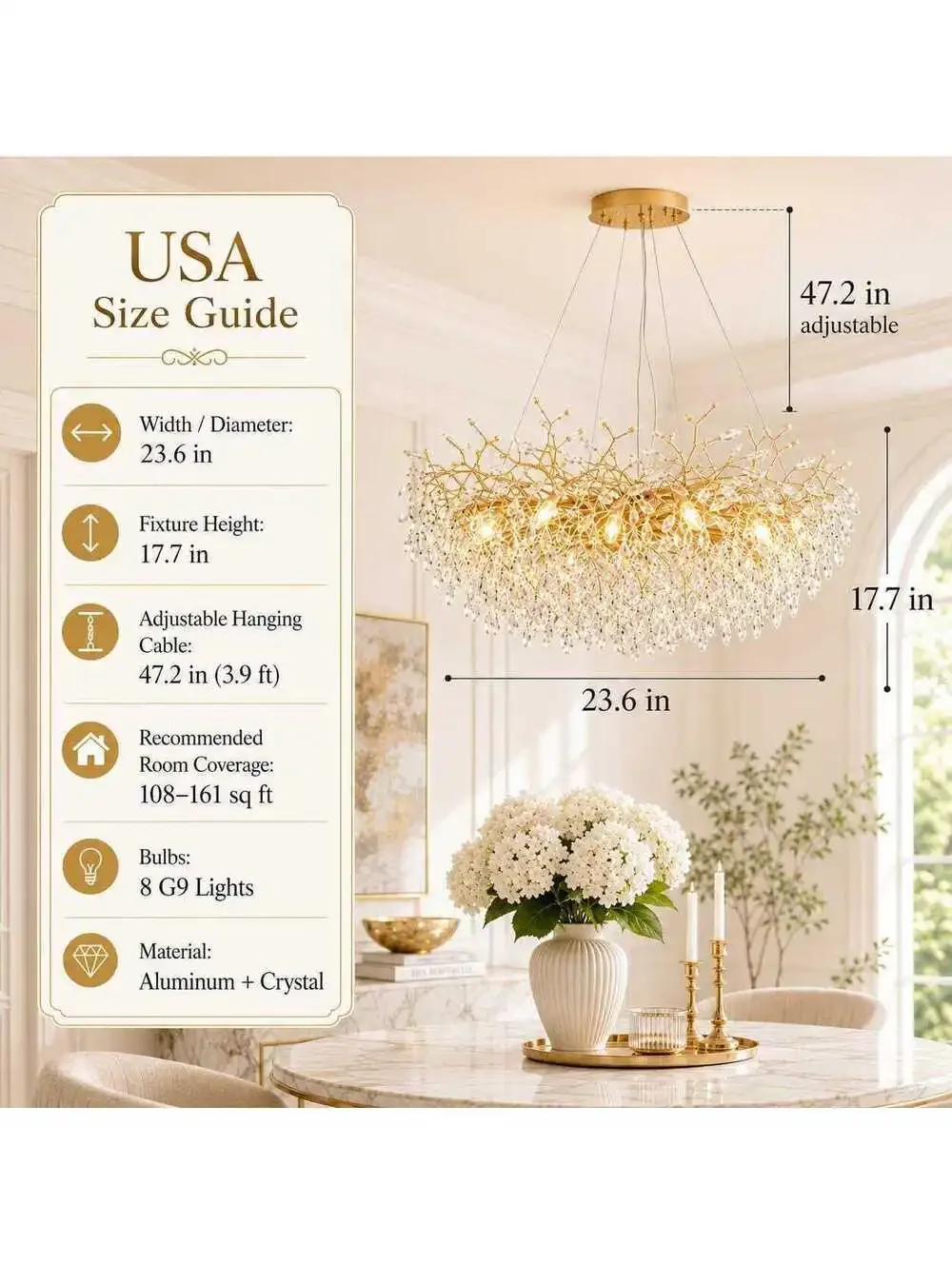 Luxora Modern Crystal Chandelier Pendant Light with Gold Branch Design